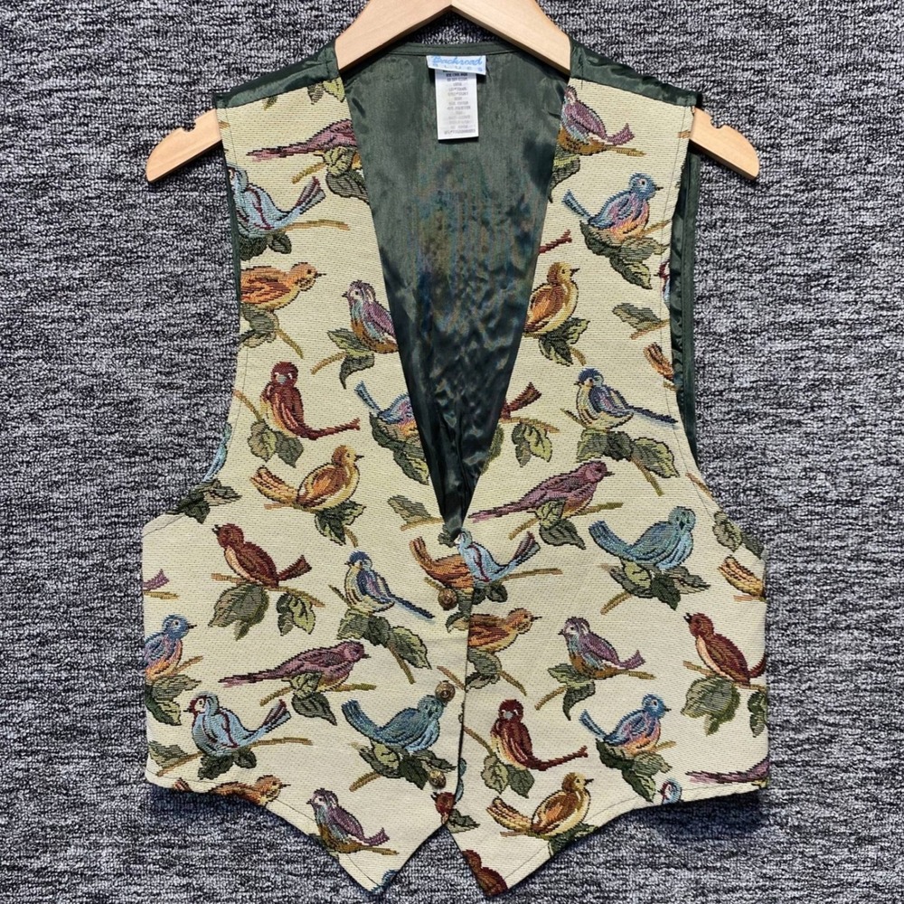 VTG 90s Backroad Blues Bird Tapestry Vest Women L Cottagecore Nature Novelty USA